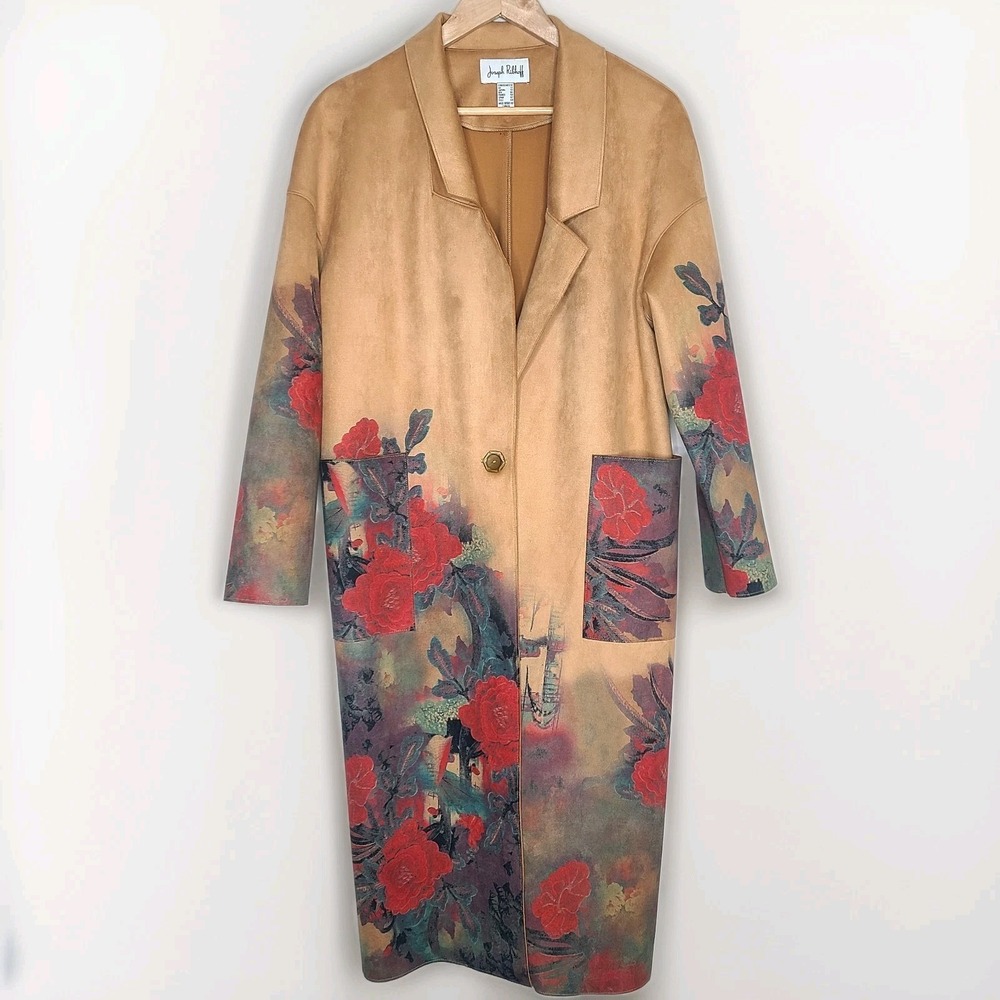 Joseph Ribkoff Tan Multi Floral Art‎ Print Faux Suede Straight Jacket 10
